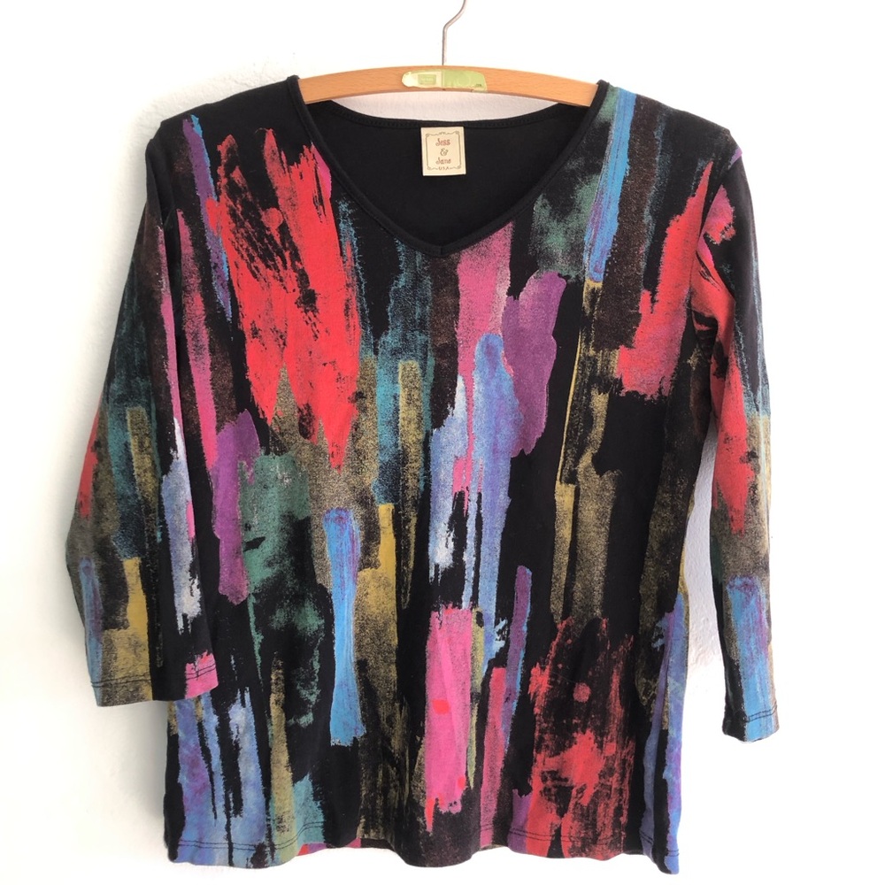 Jess & Jane Top Women's Small  3/4 Sleeve Stretch Boho Casual